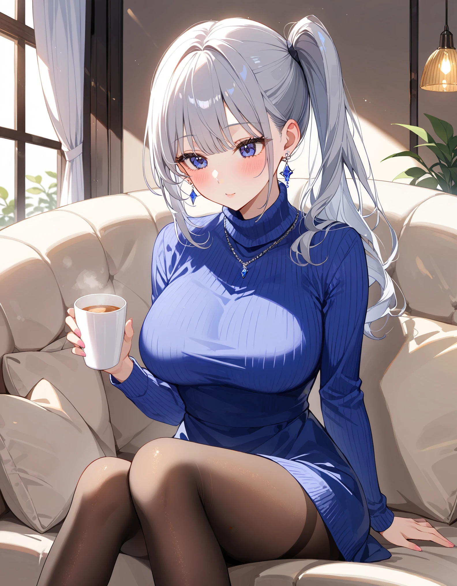  1 Girl, solo,  blush, Silver Hair、 side ponytail ,  TURTLENECK SWEATER DRESS、 pantyhose、Large Breasts,  earrings with cups, indoor、living、Sofa、sit