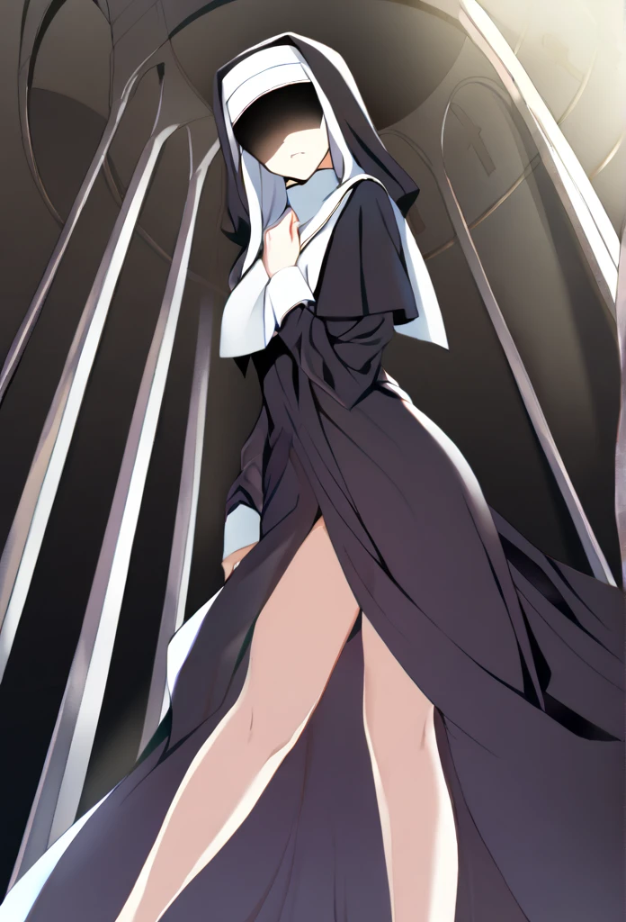 (1girl, solo) Nun, long skirt, faceless, handless, nun outfits, 
cape covering whole body, long cape, scary cape, sexy, standing, laying down, sexy pose, from below, bed