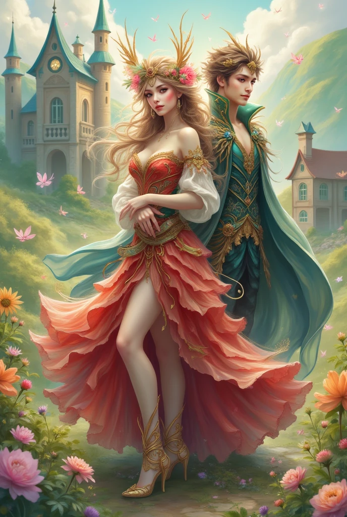 Beautiful witch in red and gold dress, she has white skin, very light brown eyes, wavy blond hair, voluminous dress with full leather leg parts, next to her is a smiling very handsome man in a vampire cape smiling and looking very nice, background is fairies lives in the town, at her feet is a field of flowers, beautiful landscape, prismatic light, this is a work of art.
