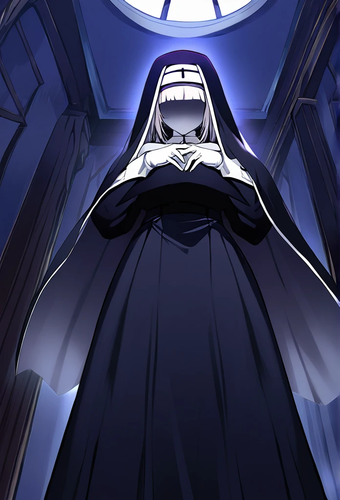 (1girl, solo) Nun, long skirt, faceless, handless, nun outfits, 
cape covering whole body, white gloves, long cape, scary cape, sexy, standing, laying down the bed, sexy pose, from below, room, 