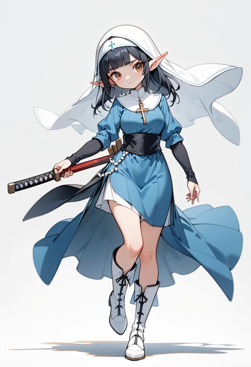 1 elven girl, solo, full body, looking down at the viewer while pulling out a Wooden Japanese sword from its sheath, battoujutsu, blunt bangs, black Hair, brown eyes. drooping thin Pointed Ears, nun blue costume, white head veil, rosary, thigh, white short boots, simple background