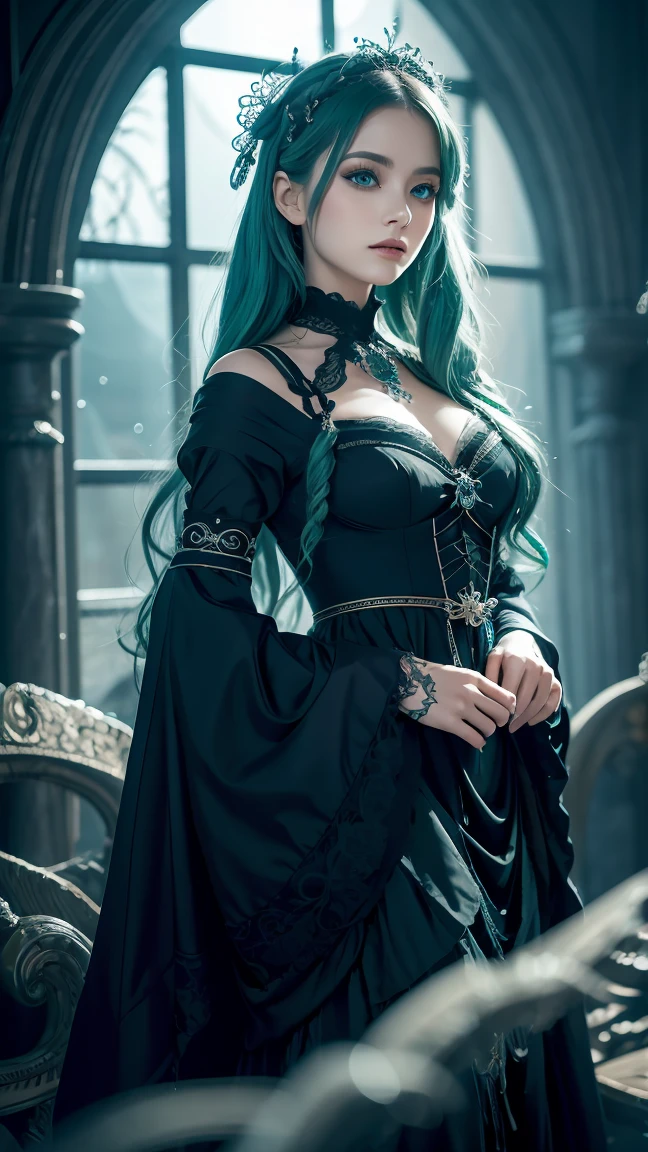 tree） create an extremely realistic 8K resolution image of the inspired character. "Poseidon," Transformed into  " extreme gothic Lolita " while retaining Poseidon's iconic features. , she looked like a beautiful girl with long hair ,  long blue-green hair, like a sea wave. ,   shimmering with otherworldly glow . Her deep,  hypnotic blue eyes reflect the power and mystery of the sea , , adds attractiveness and charm to her look .  her skin is smooth and pale ,  makes her look delicate , , surreal depths .

 She wore a gothic Lolita kimono ,  combines traditional Japanese elegance with gloom ,  gothic elements .  The kimono is adorned with exquisite lace ,  dark flannel, ,  and Ocean motifs such as wave patterns and delicate trident details , creating a fusion of dark elegance and Poseidon’s oceanic essence.  flowing fabrics gracefully moving , , adds mystery and depth to her Gothic personality, .

 The background is a surreal scene and Like in a dream, ,  x} Along with swirling shadows and soft light ,  adding an eerie but beautiful atmosphere .  magic particles floating around her ,  adding a mesmerizing feeling to the scene . This image perfectly combines Poseidon's commanding oceanic power with the dark elegance of Gothic Lolita fashion,  stunningly expressive , High quality details.