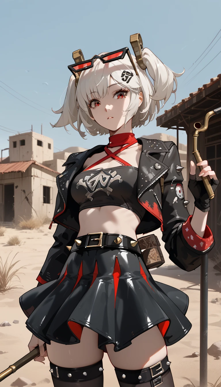  1girl,One,_ZZZ,  short hair,  short double tails ,   hair ornament  ,  sunglasses ,  on the head , desert area, against the background of an abandoned gas station, 
White,  short hair,  short double tails ,   hair ornament  ,  sunglasses ,  on the head  ,  red halterneck , black top pipe , cropped top, SPLIT,  life , black jacket,  fingerless gloves , studded belt , black skirt,  red hip straps, black stockings,score_9, score_8_up, score_7_up, score_6_up, score_5_up, score_4_up,