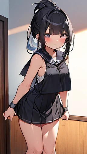 Best Quality,   highest resolution  ,   middle school girl （1 person）、 Black Hair 、 ponytail（Swept-apart bangs）、（Wide forehead）、 Anime Moe Style 、  Black Sailor Suit 、 Knee-length Black Skirt 、Round ass、（ plump）、Muscular、 sweated、 smaller breasts、Thighs、 Thin and thin eyebrows 、 large under-eye bags 、 embarrassing、Hands on Side 、The soles of my feet smell、 Black Ankle Socks 、（ smaller）、classroom、Contrasting、 standing 