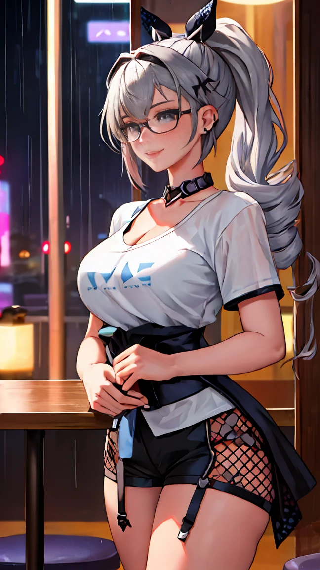 masterpiece,  Best quality,  1girl, One,  extremely detailed ,  full length, Body full 1.1.,  extremely detailed  eyes,  extremely detailed background , ((SilverWolf V4)), Seductive breasts ,    reveals the cleavage  ，with grey eyes, white hair,  Glasses on the head ,  short sleeves ,  hair ornaments , earrings, drill hair,  black shorts, black gloves, ponytails, evening,  neon city lights , rain, rain drops,  the reflection in the mirror , Cyberpunk, , the ramen restaurant ,  across the table , angle of view, view across the table , ,   See the viewer  , hands down, arms to the sides,  t-shirt ,  white shirt logo , shy,  smiling , blushing, perfect hands,   depth of field ,