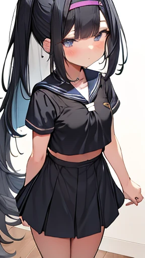 Best Quality,   highest resolution  ,   middle school girl （1 person）、 Black Hair 、 ponytail（Swept-apart bangs）、（Wide forehead）、 Anime Moe Style 、  Black Sailor Suit 、 Knee-length Black Skirt 、Round ass、（ plump）、Muscular、 sweated、 smaller breasts、Thighs、 Thin and thin eyebrows 、 large under-eye bags 、 embarrassing、Hands on Side 、The soles of my feet smell、 Black Ankle Socks 、（ smaller）、classroom、Contrasting、 standing 