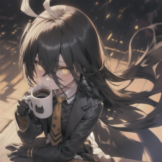 expressionless, ahoge, black jacket, shirt, tie, black gloves, skirt, pantyhose, single earring, coffee mug, cinematic lighting, moody atmosphere, photorealistic, highly detailed, 8k, masterpiece