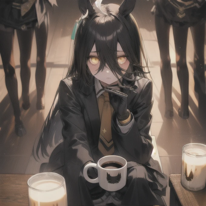 expressionless, ahoge, black jacket, shirt, tie, black gloves, skirt, pantyhose, single earring, coffee mug, cinematic lighting, moody atmosphere, photorealistic, highly detailed, 8k, masterpiece