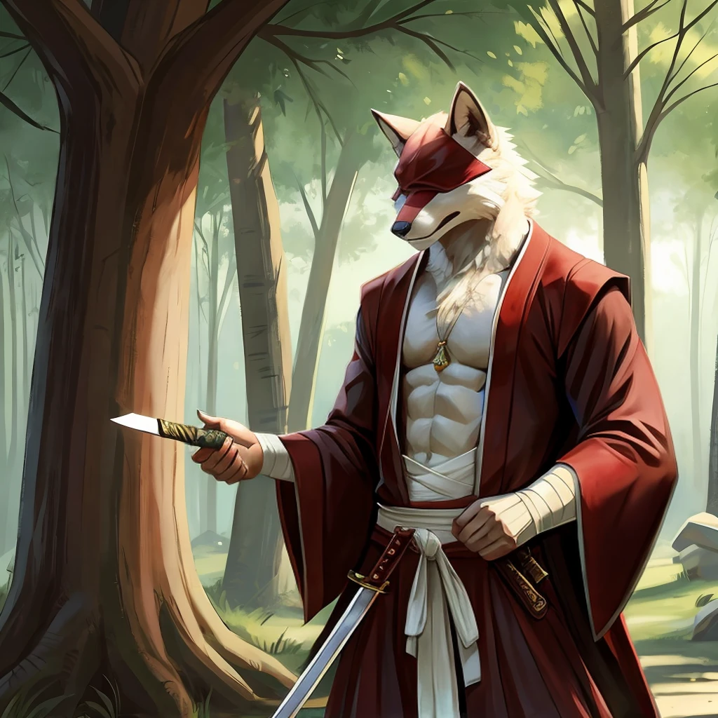 male，Red werewolf， with white fluff on the chest, abdomen, and inside of the limbs， has a small notch on his ears ， tall and skinny ， wears an ancient red robe ，The underwear is white，Pink meat pad ， serious expression ，Use a bandage to cover the eyes ， holding a Tang sword in one hand ，Hold the scabbard in one hand，Sword drawing posture， A jade pendant on his robe ， under a tree ， Forest Background ，（masterpiece），（Best quality）