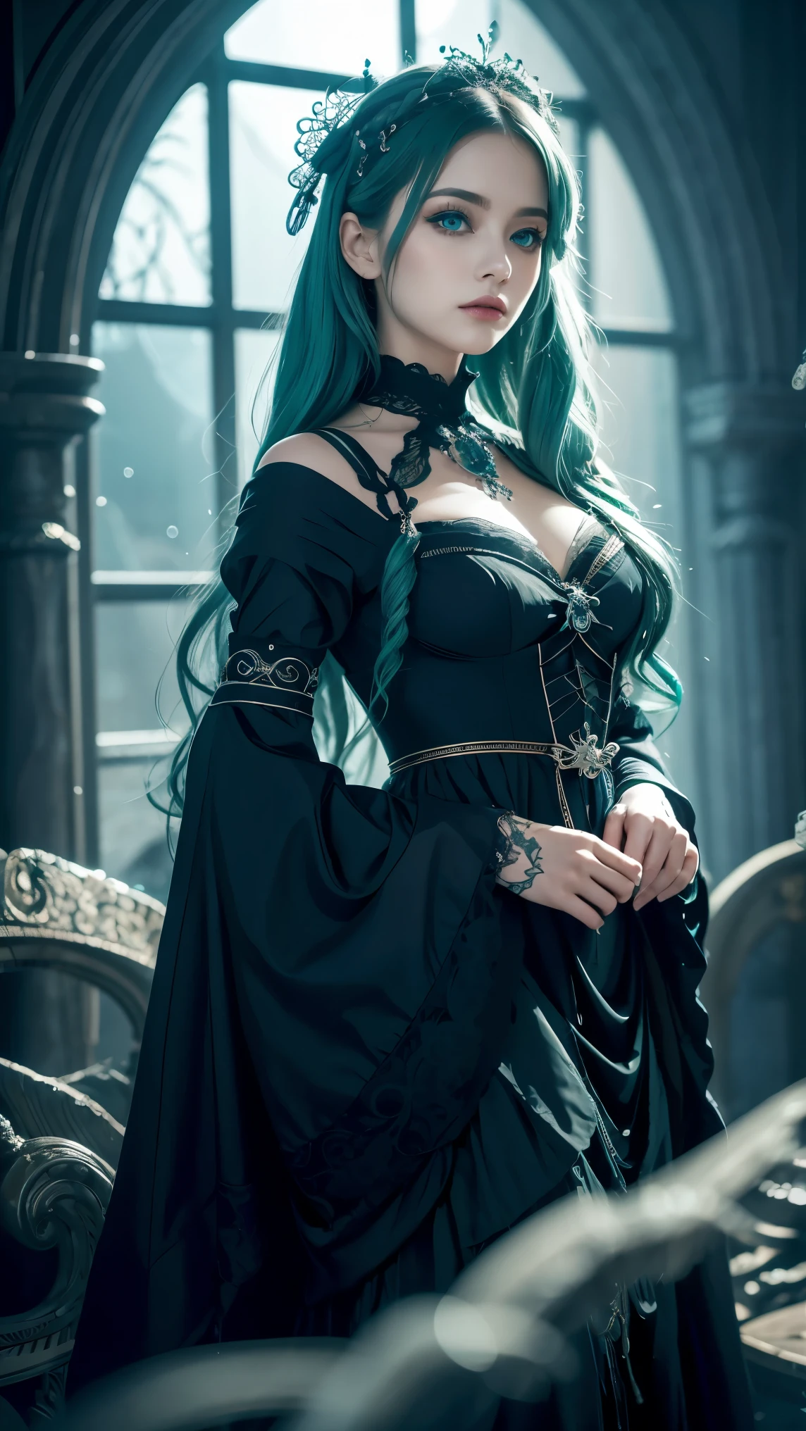 tree） create an extremely realistic 8K resolution image of the inspired character. "Poseidon," Transformed into  " extreme gothic Lolita " while retaining Poseidon's iconic features. , she looked like a beautiful girl with long hair ,  long blue-green hair, like a sea wave. ,   shimmering with otherworldly glow . Her deep,  hypnotic blue eyes reflect the power and mystery of the sea , , adds attractiveness and charm to her look .  her skin is smooth and pale ,  makes her look delicate , , surreal depths .

 She wore a gothic Lolita kimono ,  combines traditional Japanese elegance with gloom ,  gothic elements .  The kimono is adorned with exquisite lace ,  dark flannel, ,  and Ocean motifs such as wave patterns and delicate trident details , creating a fusion of dark elegance and Poseidon’s oceanic essence.  flowing fabrics gracefully moving , , adds mystery and depth to her Gothic personality, .

 The background is a surreal scene and Like in a dream, ,  x} Along with swirling shadows and soft light ,  adding an eerie but beautiful atmosphere .  magic particles floating around her ,  adding a mesmerizing feeling to the scene . This image perfectly combines Poseidon's commanding oceanic power with the dark elegance of Gothic Lolita fashion,  stunningly expressive , High quality details.