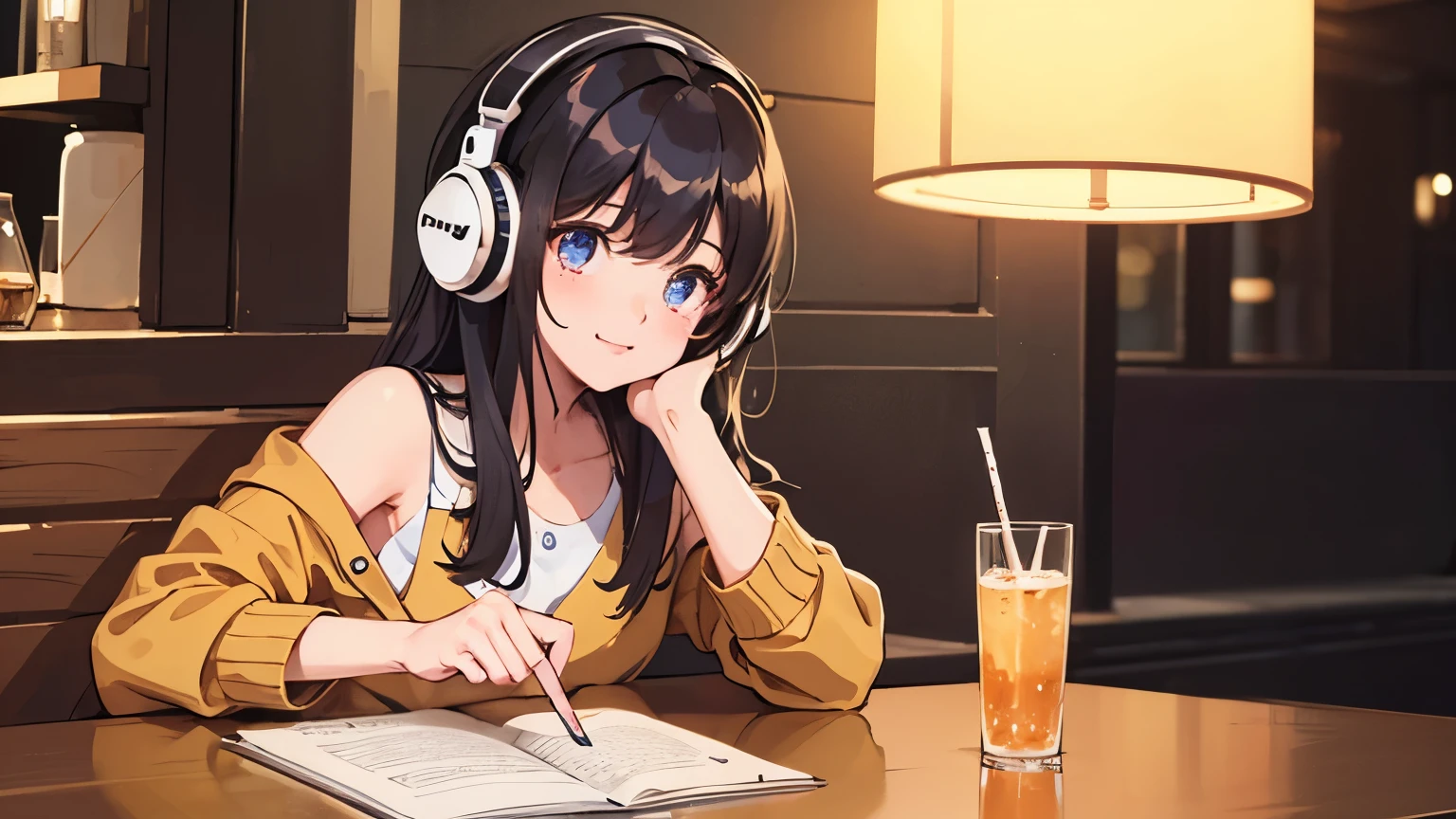 A girl is wearing headphones and listening to music at a stylish cafe in the middle of the night、8k、 highest quality、Cute eyes、Emotional、 seems to have a fun atmosphere