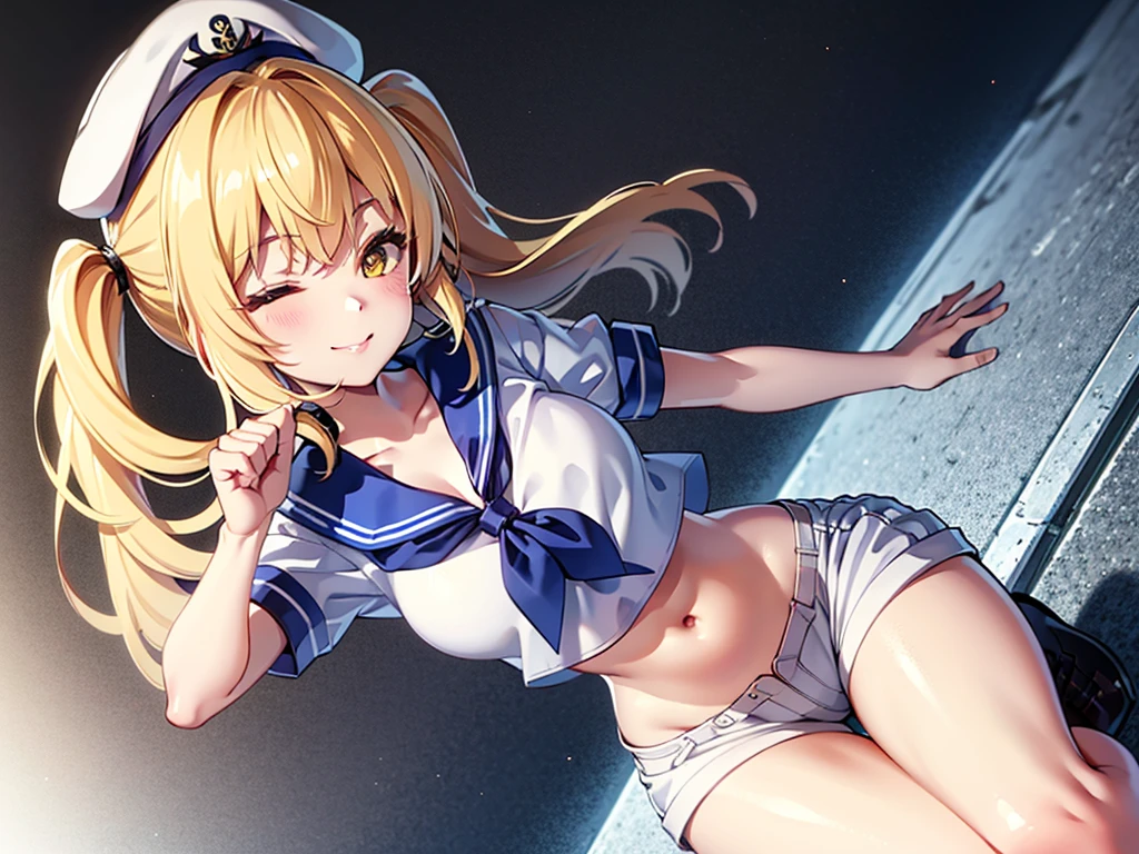 Twin-tailed golden-haired girl in sailor suit, Visible navel, Wear a hat and pants.a drawing of an anime character, clean line drawings, ultra cute girl, ultra cute face, ultra detailed eyes, ultra detailed hair, ultra cute, ultra beautiful, ((high end)), (UHD picture), (best quality,4k,8k,highres,masterpiece:1.2), top-quality(​masterpiece), top-quality, ultra-detailed, highly detailed texture, intricate details, high quality textures, masterpiece, best quality, perfect quality, perfect anatomy, perfect body, perfect symmetrical face, perfect hands, perfect feet, (two arms:1.2), (two legs:1.2), (five fingers each:1.2), (perfect joint:1.2), perfect joint movement, precise fingers and hands, 1 beautiful girl, 1 girl, alone, solo, , , ((())), ((ish)), (Best Quality, hight resolution), extremely detailed and lifelike, Vibrant colors, simple background, white socks, blonde hair, hat, blue sailor collar, twintails, sailor collar, sailor hat, yellow eyes, marine costume, short sleeves, shirt, blue neckerchief, white headwear, sailor, white shirt, white shorts, neckerchief, smile, Chiyuri, from behind, to lift up one’s skirt, cowboy shot, from front, standing, raise one leg, crossed arms, arms up behind, arms behind back, hand between legs, put hands hip, one hand on hip, forward hands, arms raised in the air, punch hands, peace sign, waving, put up index finger, sit, lie down, closed eyes, lie face down, looking back, put one hand chest, leaning forward, cleavage, close up, horizontally outstretched arms, horizontally outstretched legs, front view, front face, huge breasts for short stature, cleavage is clearly visible, G-Cup, heart hands, pointing at oneself