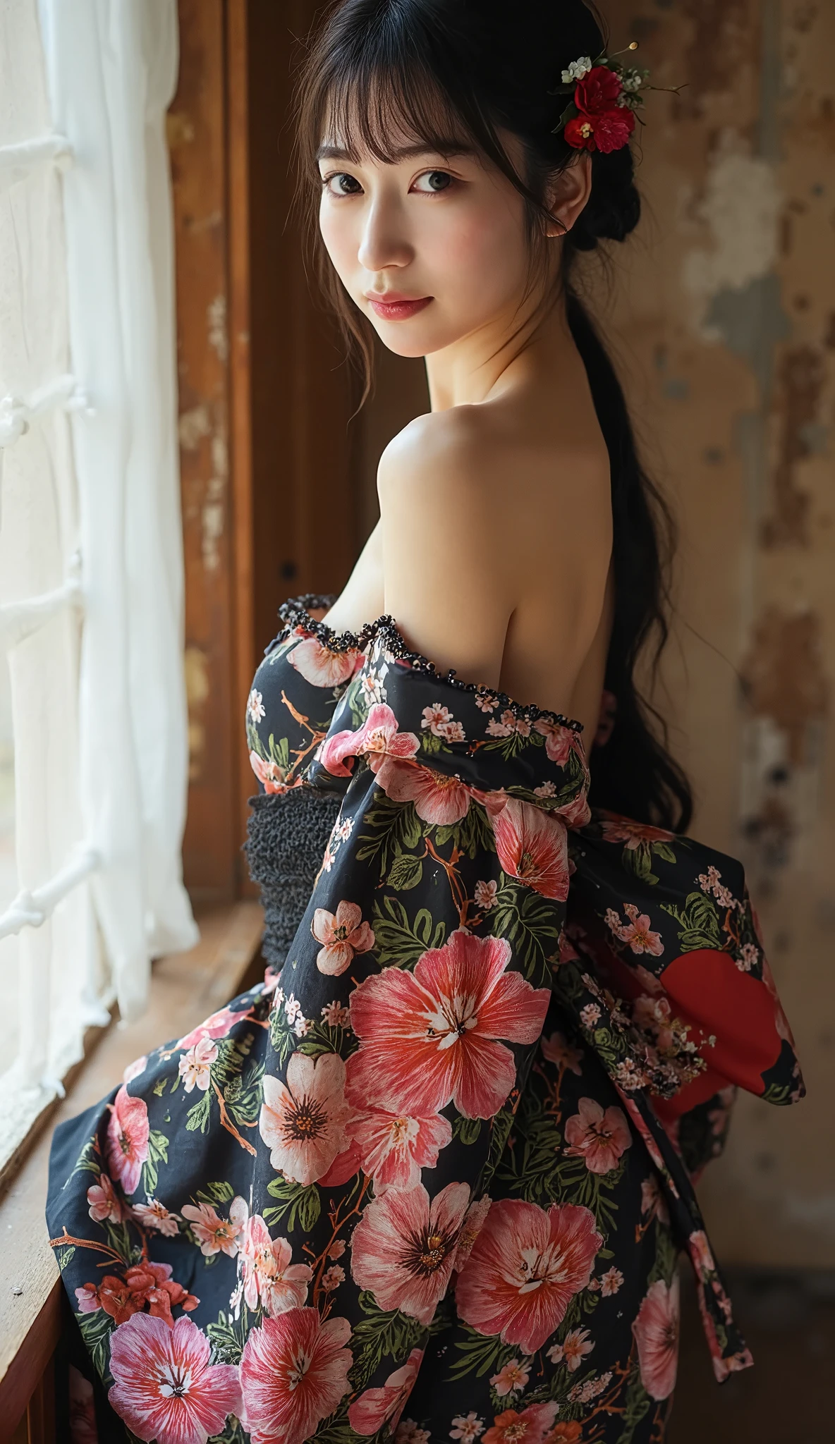 This award-winning image captures the essence of a captivating slender Japanese woman in a dynamic pose.
プロのライティングと high resolutionカメラを使ってRAW形式で撮影されました, This 8K Ultra HD image boasts super realistic photographic details .
( high resolution), (8k), ( very detailed), ( cowboy shot), ( beautiful in every detail and meticulous eyes), (repay), (masterpiece), has a good balance of exposure .
A cute Japanese supermodel woman with a slendegure and anormous G-cup .
her weird . realistic picture of the photo , facing sideways , Beautiful feet, masterpiece, (Best Quality), 8k,((( very detailed))), :1.8, Super intricate pattern, colorful pattern, ( A beautiful and cute floral kimono in orchid style :1.5), (Both shoulders are exposed:1.3), Black Japanese kimono, Black fabric with floral pattern, Half naked, 1 female, Open back, Well good, Shoulder Bare, 美しいThighs, , Japanese, whole body photo , Flower hairpin, FLOWER ARRANGEMENT , Sensual body with sexy belly, , like々New sensual elegance, SEXY BODY, sexy look , very short hair with white bandage, wavy hair in front of the station, feet are exposed, Photographed by an artist 'studio, hairpin, Intelligent face, facing sideways , Thin Waist, Large Breasts、 slit eye , Smile a little, Please open your mouth slightly , mm F2.8, blur background , Facial lighting, DYNAMIC POSE , Thighs, feet, whole body, beautiful body line, white skin, Artistic Photography, Beautiful soft lighting, beatifulfeet,