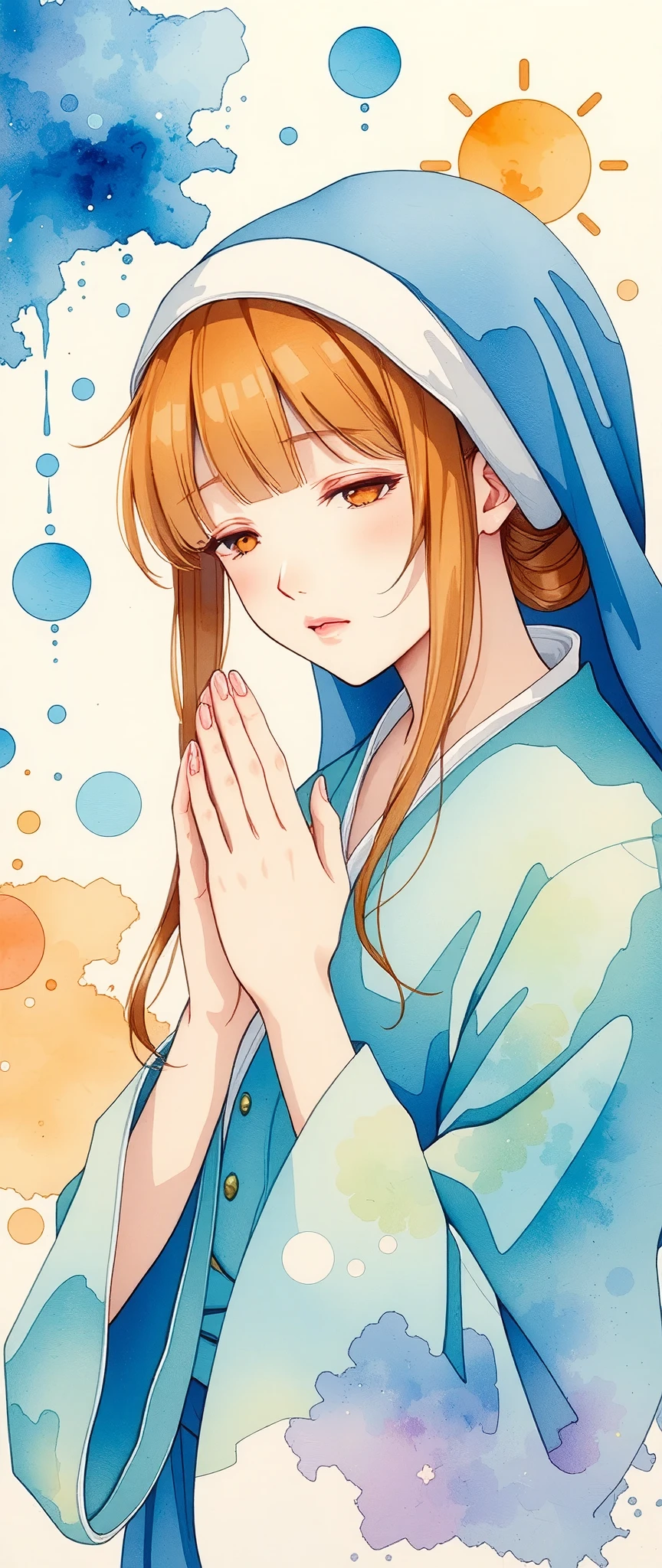 praying nun ,Watercolor,Bleeding,Blur,Shading, dynamic,(gentle prayer:2.0),(Gentle expression:2.0),Soft touch,(The background is a warm prayer light:2.0)