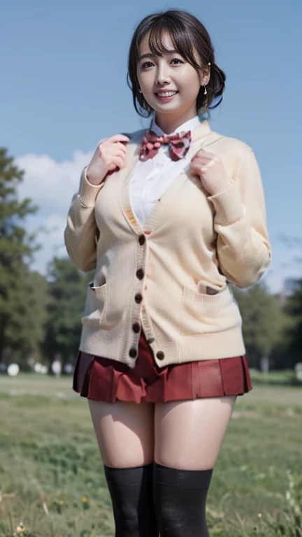  Japanese mature,48 years old, white skin,(plump body, big chest, plump thighs:1.5),(red bowtie,brown cardigan,red skirt,pleated skirt,micro miniskirt,black thighhighs, earrings, High Heels :1.3),( standing in the park, take a picture of the whole body from toe to head,full body,standing:1.2), depth of field,looking at viewer,smile, surrealism, from below, Sony FE, 8k, Yuka