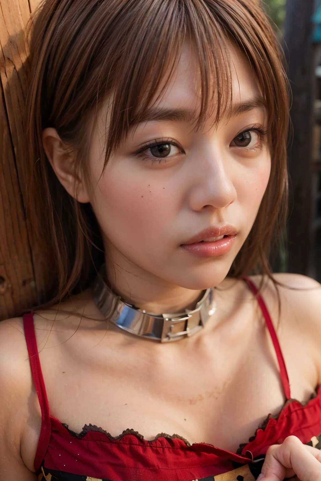 (nsfw:-2),(realistic, photo-realistic:1.4), (master piece, best quality), high resolution, extremely detailed, intricate details, sharp focus, solo, a Japanese mature, cami dress, (pov, face focus, close-up of face, collarbone:1.2), (collar:1.5), detailed face, detailed eyes, sophisticated nose, pale skin, fine-textured skin, t-shirt, skirt, simple background, standing against a wooden wall,long hair and bangs