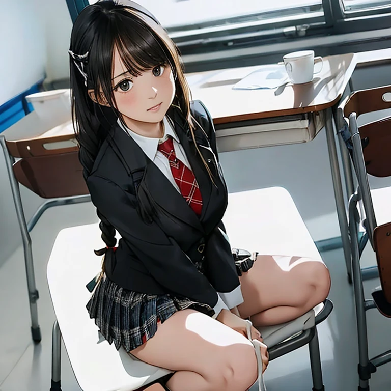 blazer,Ribbon tie,Plaid red pleated mini skirt ,sit in a classroom chair,( feet ),( panties),(Cum on panties),( large amount of semen drips from panties), blanking, (Best Quality), lace panties ,Brown Hair, Long Hair,French style braids,Big Breasts,Thin legs, black knee-high socks 