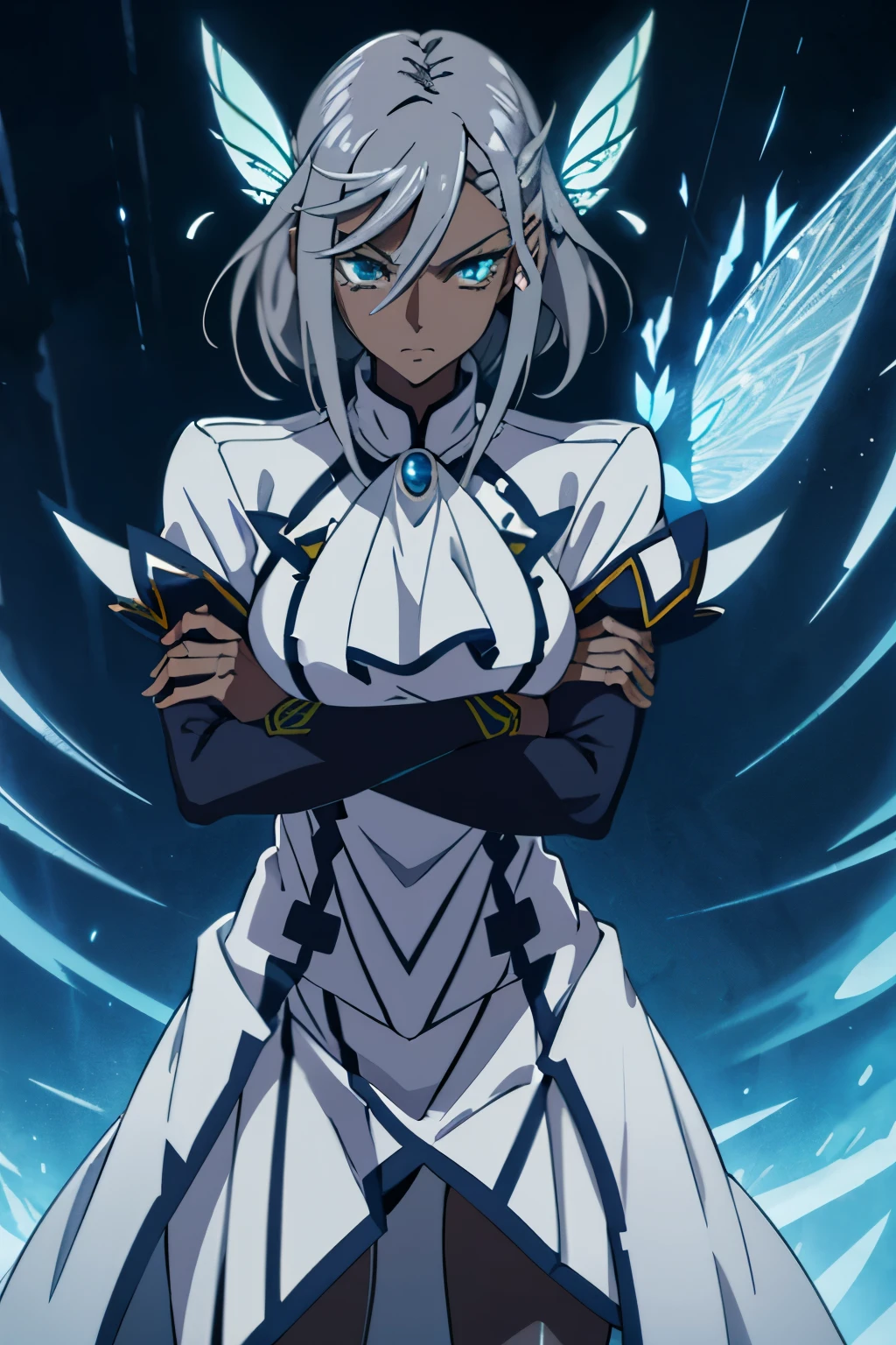 A Certain Magical Index art style, medium close-up, tall adult female with dark skin, slightly muscular feminine appearance, grey hair, butterfly haircut, dark grey oversized jacket with warm tight leggings, sharp eyelids with blue pupils, hardened facial expression, glaring at the viewer, crossing her arms, mountain scenery as background, 4k, high resolution.