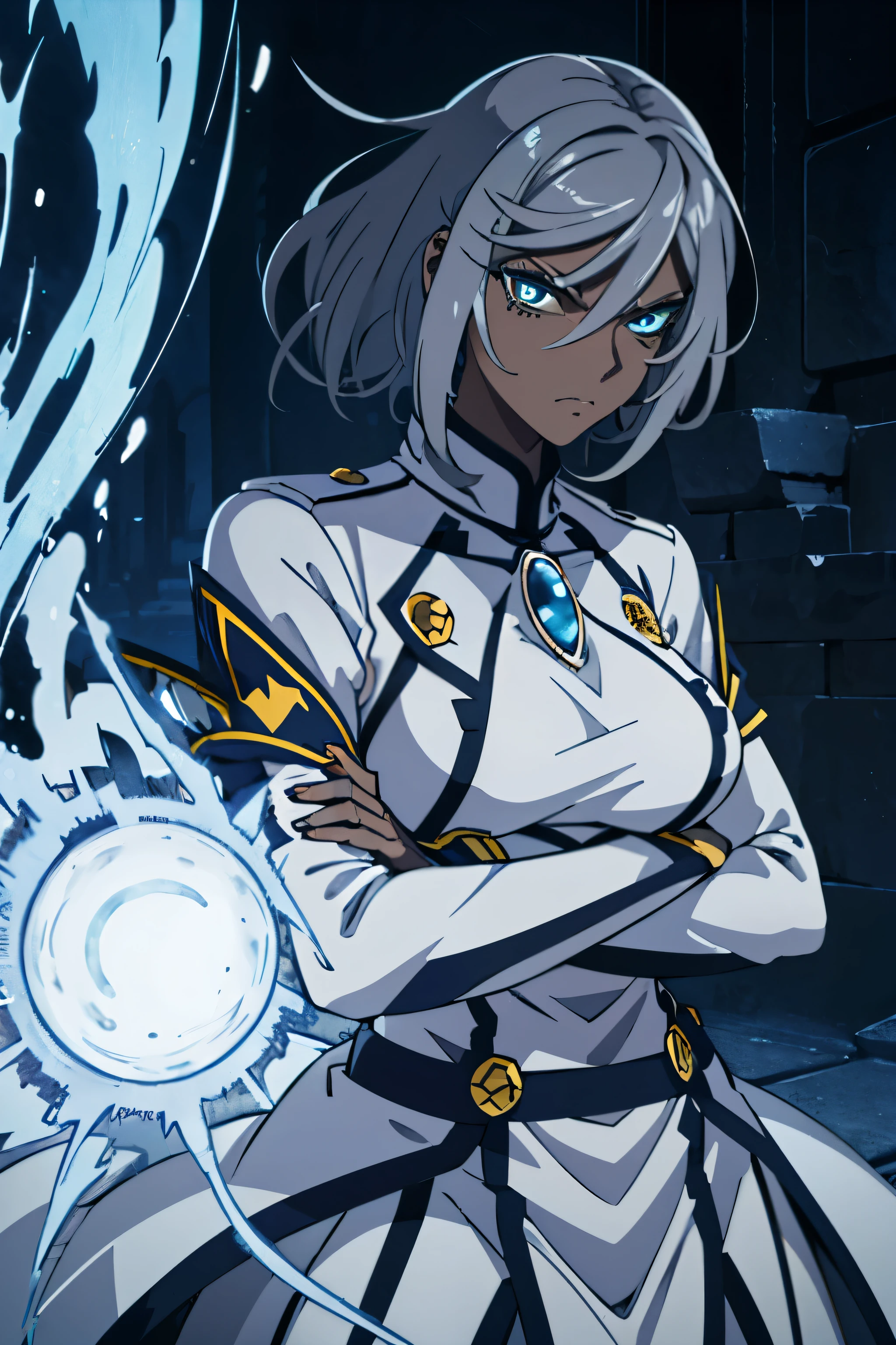 A Certain Magical Index art style, medium close-up, tall adult female with dark skin, slightly muscular feminine appearance, grey hair, butterfly haircut, dark grey oversized jacket with warm tight leggings, sharp eyelids with blue pupils, hardened facial expression, glaring at the viewer, crossing her arms, mountain scenery as background, 4k, high resolution.