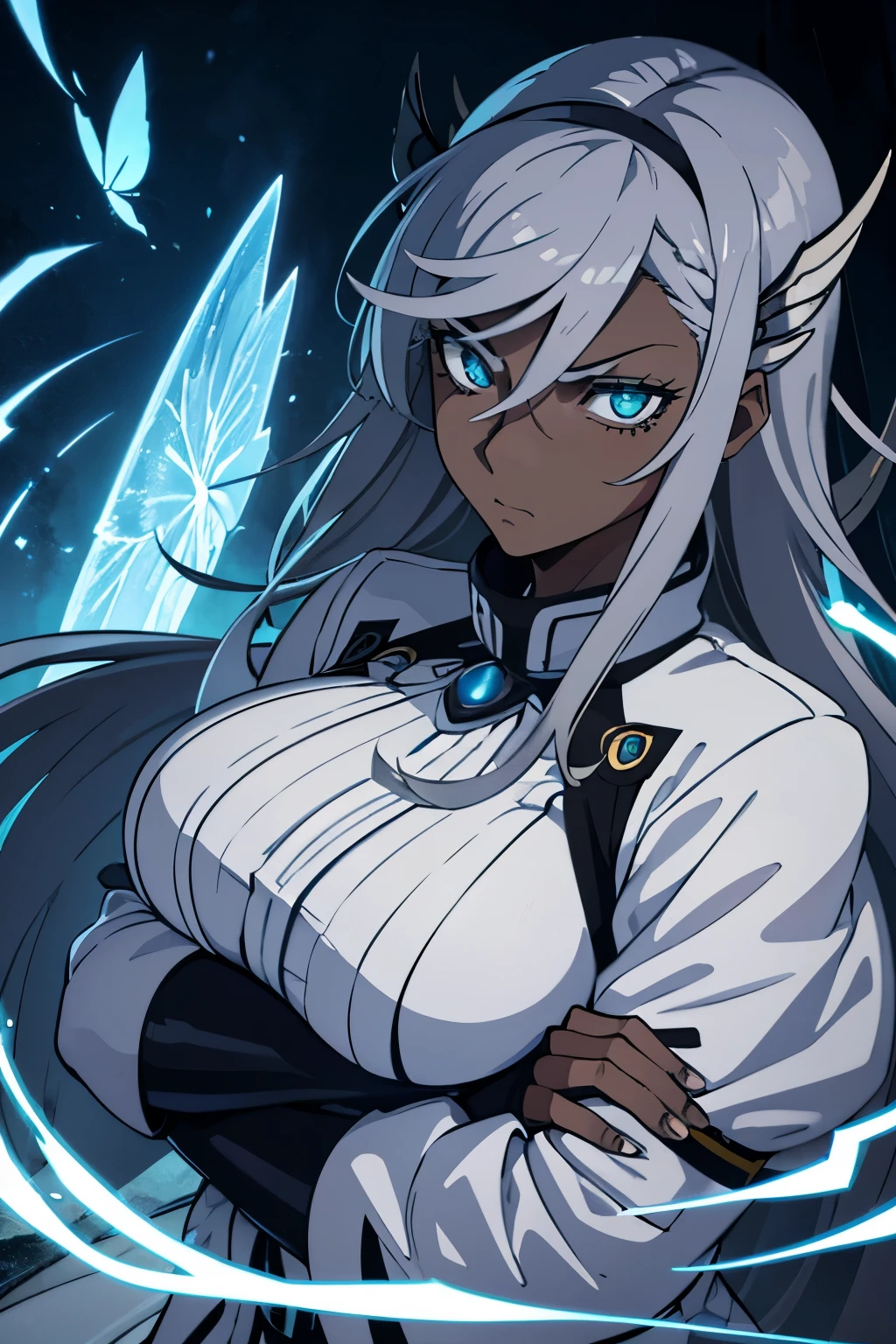 A Certain Magical Index art style, medium close-up, tall adult female with dark skin, thick feminine appearance, grey hair, butterfly haircut, dark grey oversized jacket with warm tight leggings, sharp eyelids with blue pupils, hardened facial expression, glaring at the viewer, crossing her arms, mountain scenery as background, 8k, high resolution.