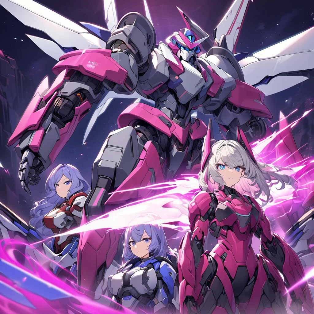 Anime, high detailed, multiple womans, mature womans, mecha soft-armor, large mechanical wings, large Gauntlet, large shield in arm, serious, curvy body, long mechanical wings, mecha weapons、Colored armors、magenta Colored aura、BLUE Eyes, elongated pupils,  Mature Woman、magenta aura、womans surrounding, background in the space 