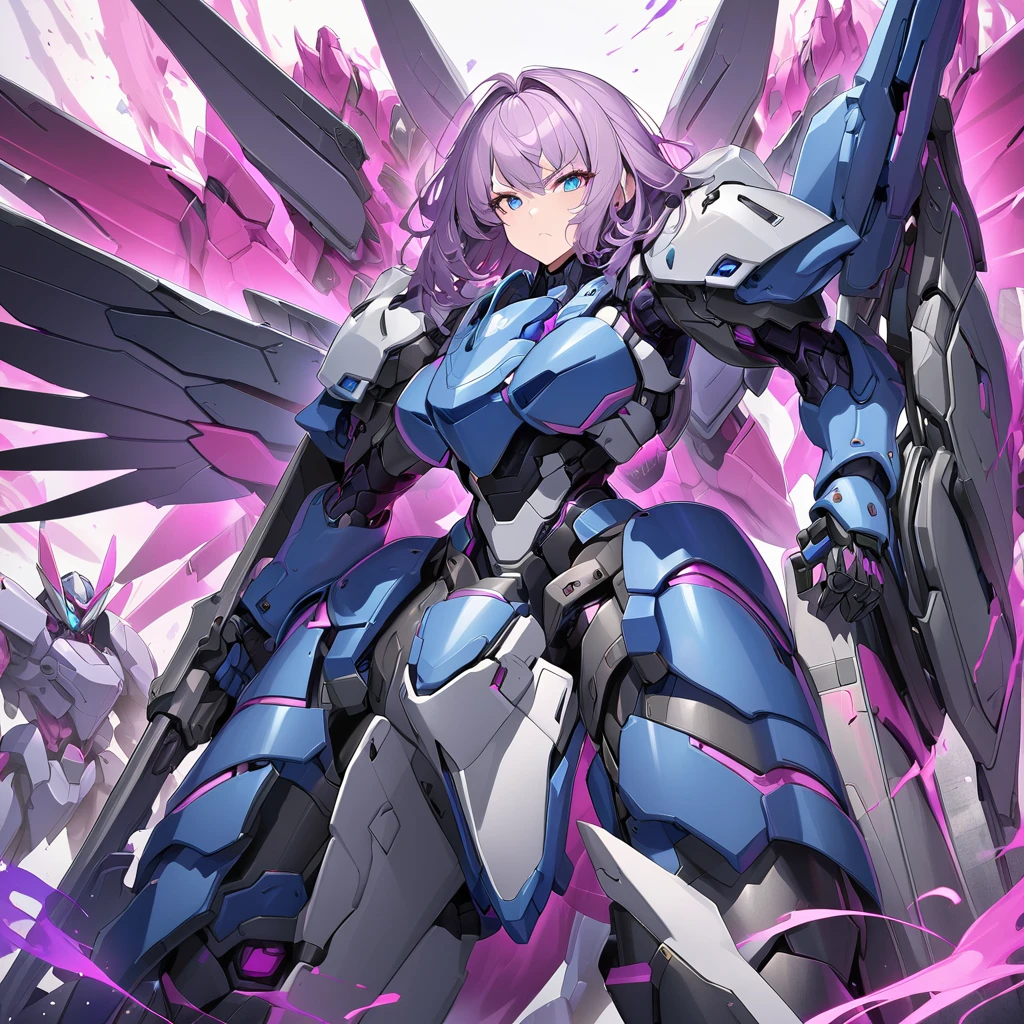 Anime, high detailed, multiple womans, mature womans, mecha soft-armor, large mechanical wings, large Gauntlet, large shield in arm, serious, curvy body, long mechanical wings, mecha weapons、Colored armors、magenta Colored aura、BLUE Eyes, elongated pupils,  Mature Woman、magenta aura、womans surrounding, background in the space 