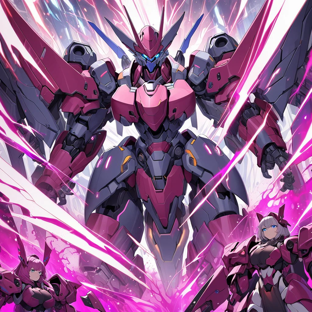 Anime, high detailed, multiple womans, mature womans, mecha soft-armor, large mechanical wings, large Gauntlet, large shield in arm, serious, curvy body, long mechanical wings, mecha weapons、Colored armors、magenta Colored aura、BLUE Eyes, elongated pupils,  Mature Woman、magenta aura、womans surrounding, background in the space 