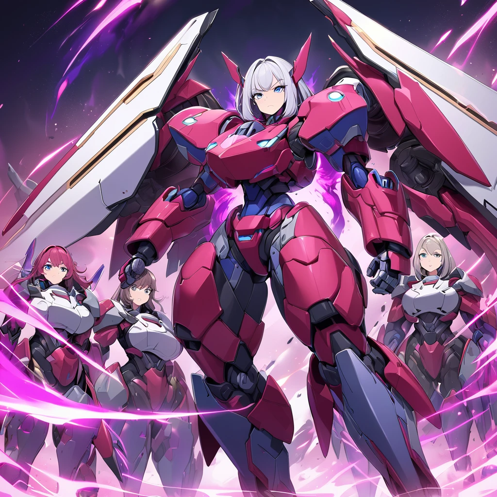 Anime, high detailed, multiple womans, mature womans, mecha soft-armor, large mechanical wings, large Gauntlet, large shield in arm, serious, curvy body, long mechanical wings, mecha weapons、Colored armors、magenta Colored aura、BLUE Eyes, elongated pupils,  Mature Woman、magenta aura、womans surrounding, background in the space 