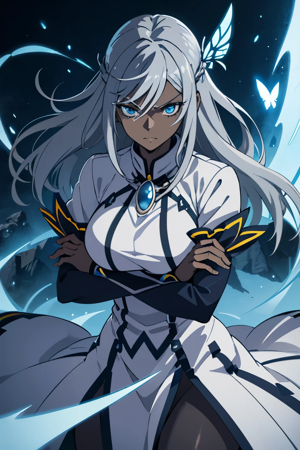 A Certain Magical Index art style, low angle shot, tall adult female with dark skin, thick feminine appearance, grey hair, butterfly haircut, dark grey oversized jacket with warm tight leggings, sharp eyelids with blue pupils, hardened facial expression, glaring at the viewer, crossing her arms, mountain scenery as background, 8k, high resolution.