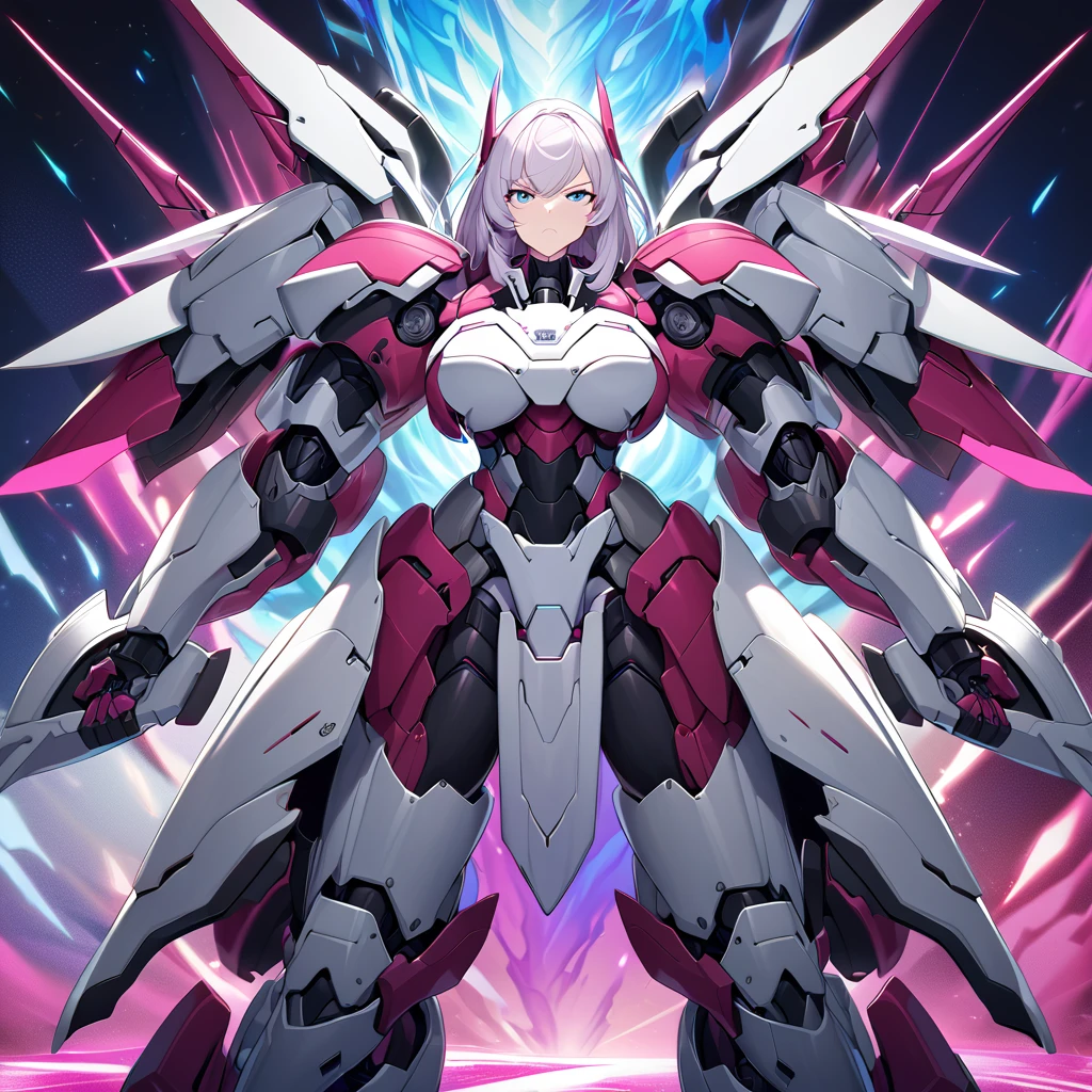 Anime, high detailed, multiple womans, mature womans, mecha soft-armor, large mechanical wings, large Gauntlet, large shield in arm, serious, curvy body, long mechanical wings, mecha weapons、Colored armors、magenta Colored aura、BLUE Eyes, elongated pupils,  Mature Woman、magenta aura、womans surrounding, background in the space 