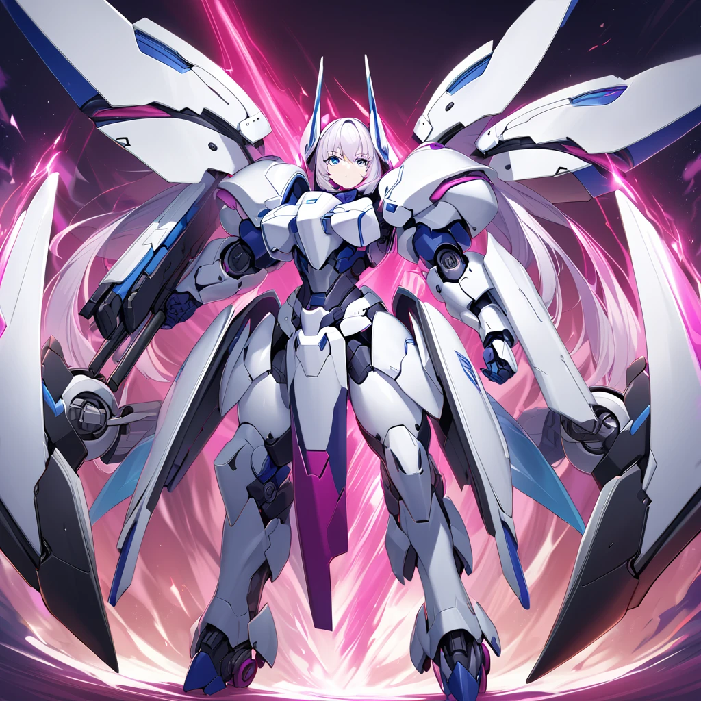 Anime, high detailed, multiple womans, mature womans, mecha soft-armor, large mechanical wings, large Gauntlet, large shield in arm, serious, curvy body, long mechanical wings, mecha weapons、Colored armors、magenta Colored aura、BLUE Eyes, elongated pupils,  Mature Woman、magenta aura、womans surrounding, background in the space 