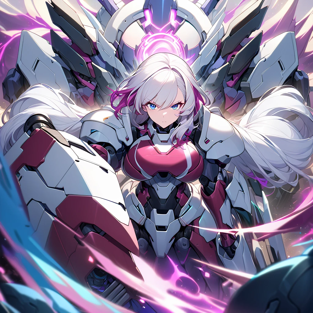 Anime, high detailed, multiple womans, mature womans, mecha soft-armor, large mechanical wings, large Gauntlet, large shield in arm, serious, curvy body, long mechanical wings, mecha weapons、Colored armors、magenta Colored aura、BLUE Eyes, elongated pupils,  Mature Woman、magenta aura、womans surrounding, background in the space 