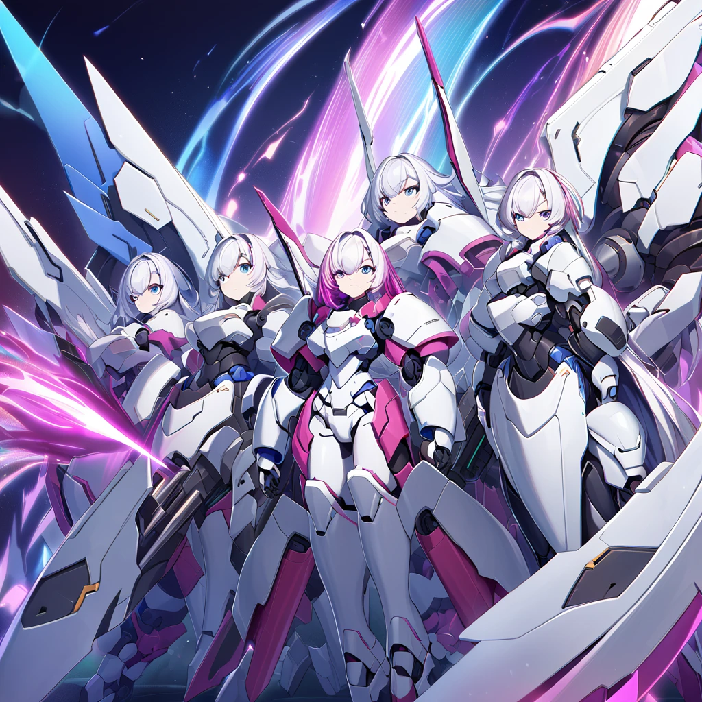 Anime, high detailed, multiple womans, mature womans, mecha soft-armor, large mechanical wings, large Gauntlet, large shield in arm, serious, curvy body, long mechanical wings, mecha weapons、Colored armors、magenta Colored aura、BLUE Eyes, elongated pupils,  Mature Woman、magenta aura、womans surrounding, background in the space 