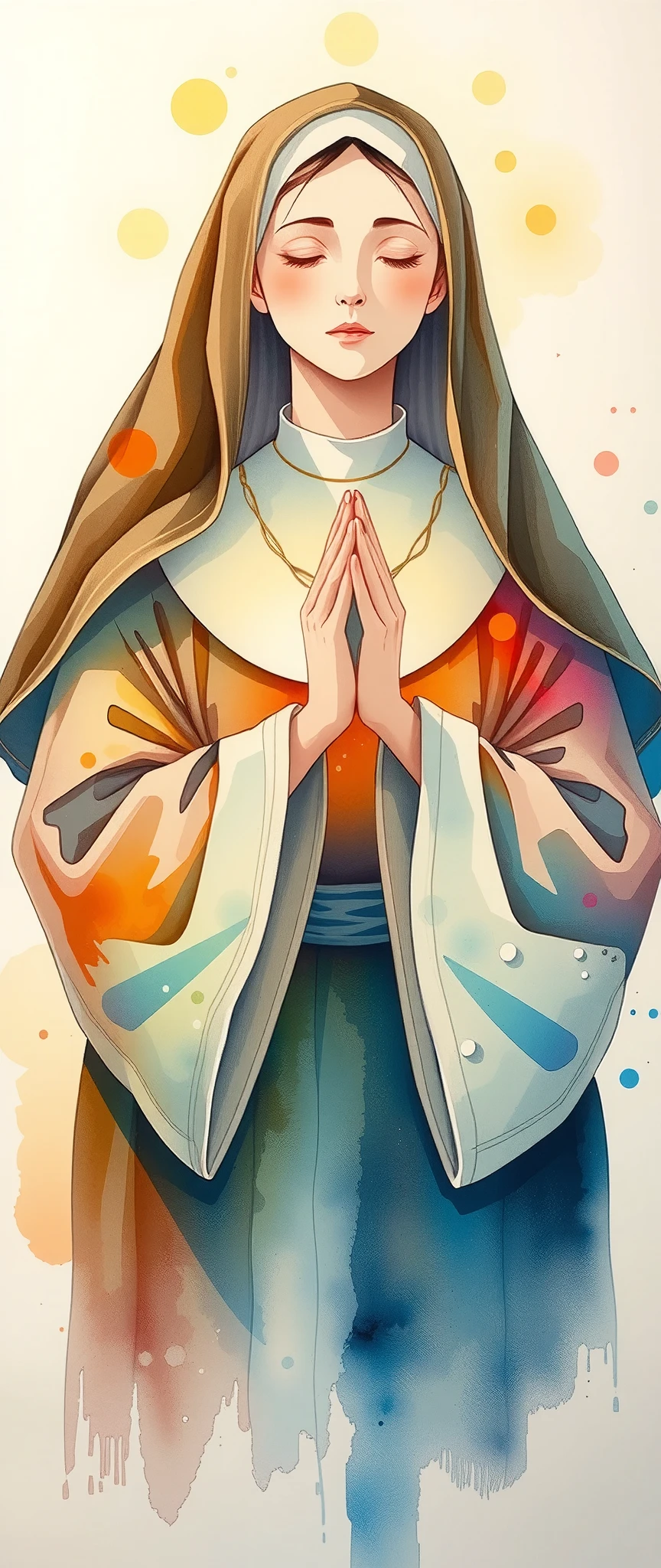 Praying Nun,Watercolor,Bleeding,Blur,Shading, dynamic,(gentle prayer:2.0),(Gentle expression:2.0),Soft touch,(The background is a warm prayer light:2.0)