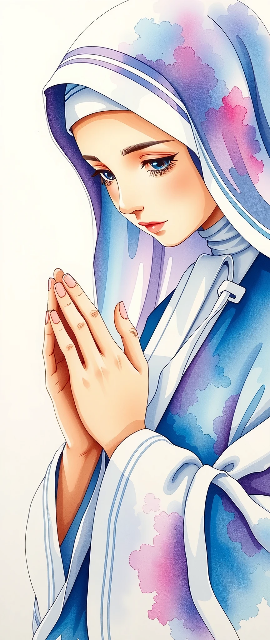 praying nun ,Watercolor,Bleeding,Blur,Shading, dynamic,(gentle prayer:2.0),(Gentle expression:2.0),Soft touch,(The background is a warm prayer light:2.0)