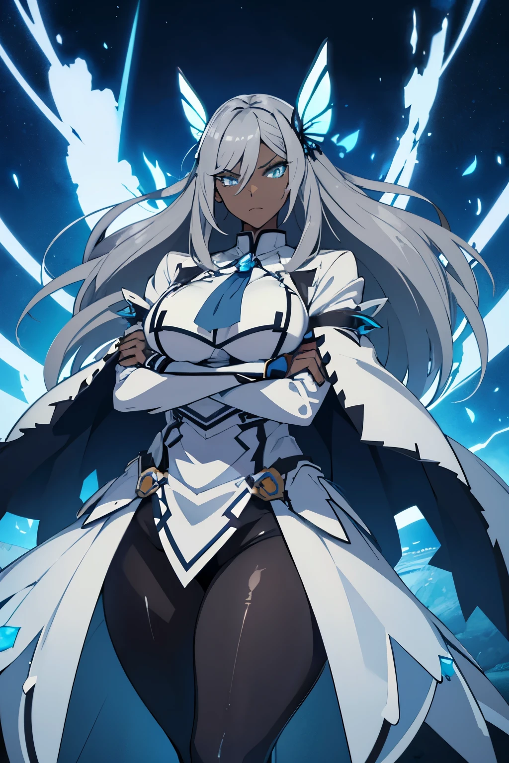 A Certain Magical Index art style, low angle shot, tall adult female with dark skin, thick feminine appearance, grey hair, butterfly haircut, dark grey oversized jacket with extremely tight leggings, big thighs, sharp eyelids with blue pupils, hardened facial expression, glaring down at the viewer, crossing her arms, mountain scenery as background, 8k, high resolution.