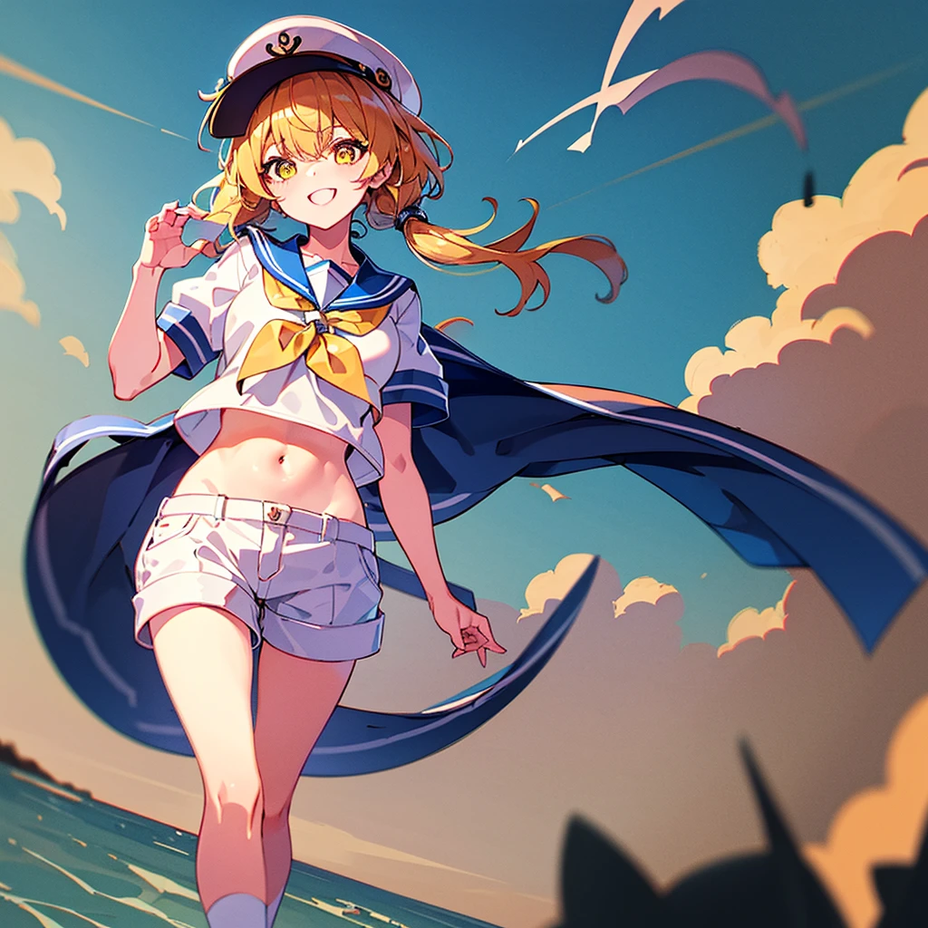 Twin-tailed golden-haired girl in sailor suit, Visible navel, Wear a hat and pants.a drawing of an anime character, clean line drawings, ultra cute girl, ultra cute face, ultra detailed eyes, ultra detailed hair, ultra cute, ultra beautiful, ((high end)), (UHD picture), (best quality,4k,8k,highres,masterpiece:1.2), top-quality(​masterpiece), top-quality, ultra-detailed, highly detailed texture, intricate details, high quality textures, masterpiece, best quality, perfect quality, perfect anatomy, perfect body, perfect symmetrical face, perfect hands, perfect feet, (two arms:1.2), (two legs:1.2), (five fingers each:1.2), (perfect joint:1.2), perfect joint movement, precise fingers and hands, 1 beautiful girl, 1 girl, alone, solo, , , ((())), ((ish)), (Best Quality, hight resolution), extremely detailed and lifelike, Vibrant colors, simple background, white socks, blonde hair, hat, blue sailor collar, twintails, sailor collar, sailor hat, yellow eyes, marine costume, short sleeves, shirt, blue neckerchief, white headwear, sailor, white shirt, white shorts, neckerchief, smile, Chiyuri