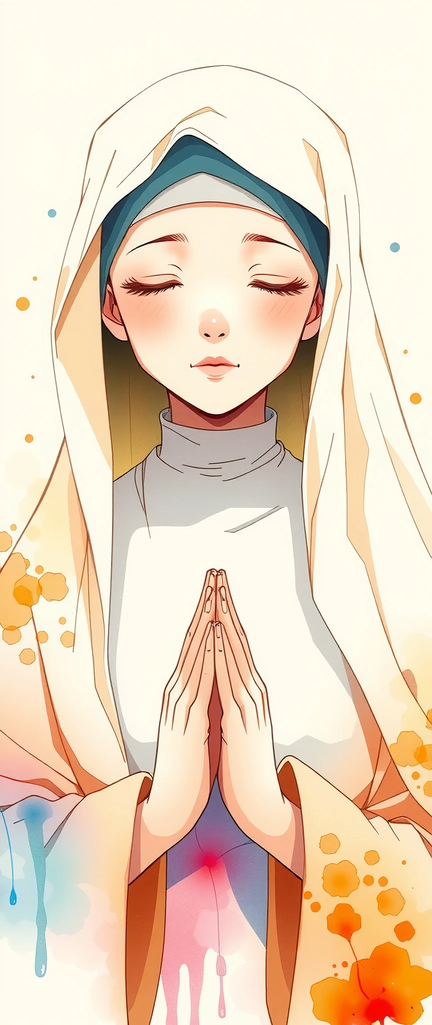 praying nun ,Watercolor,Bleeding,Blur,Shading, dynamic,(gentle prayer:2.0),(Gentle expression:2.0),Soft touch,(The background is a warm prayer light:2.0)