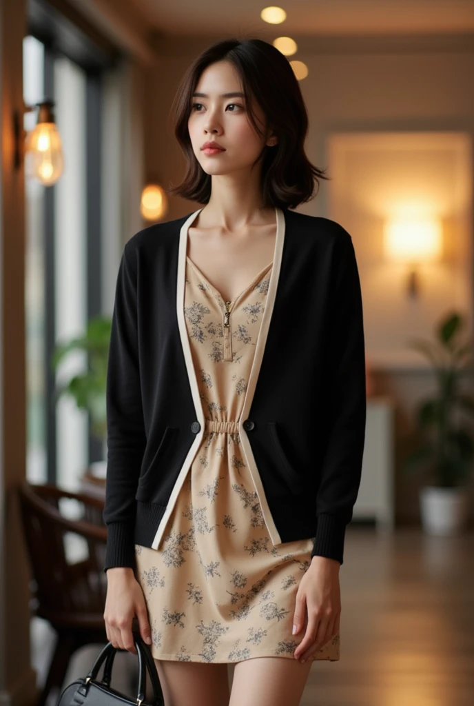 (((Masterpiece))), ((photography)), realistic, 8k, an image of an elegant young woman standing in a modern, softly lit indoor setting. She wears a short, beige floral-patterned dress paired with a black cardigan with white trim. She holds a black handbag and looks away from the camera, with a calm expression. The background features subtle, blurred lights that add a sophisticated ambiance.