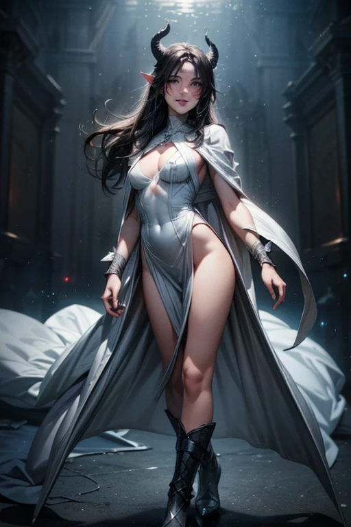 highly detailed image, soft light, light haze, masterpiece, shot like from a chronicle, a misty, gloomy morning, (ghostly, ethereal very young girl with floor-length translucent, flowing attire, resembling a cloak). Her face is gaunt, pale, ghostly, with a touch of sorrow. gloomy atmosphere. The scene exudes an eerie ambiance, with a hint of (nsfw, sensual) undertones, as if unveiling secrets from the past. (subtle nudity:0.7), nipples trough clothes, bllena, big green eyes, purple hair, twintails, yellow hairpin, face, 21thshirow