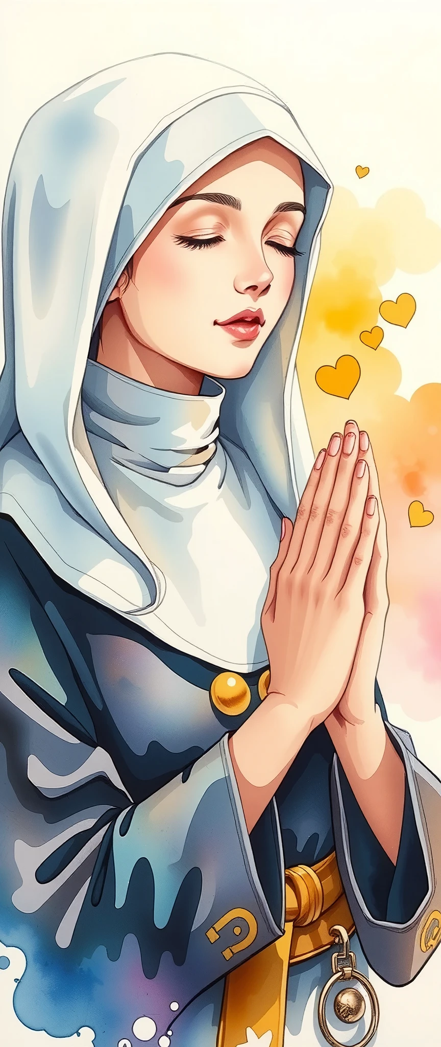 praying nun ,Watercolor,Bleeding,Blur,Shading, dynamic,(gentle prayer:2.0),(Gentle expression:2.0),Soft touch,(The background is a warm prayer light:2.0)