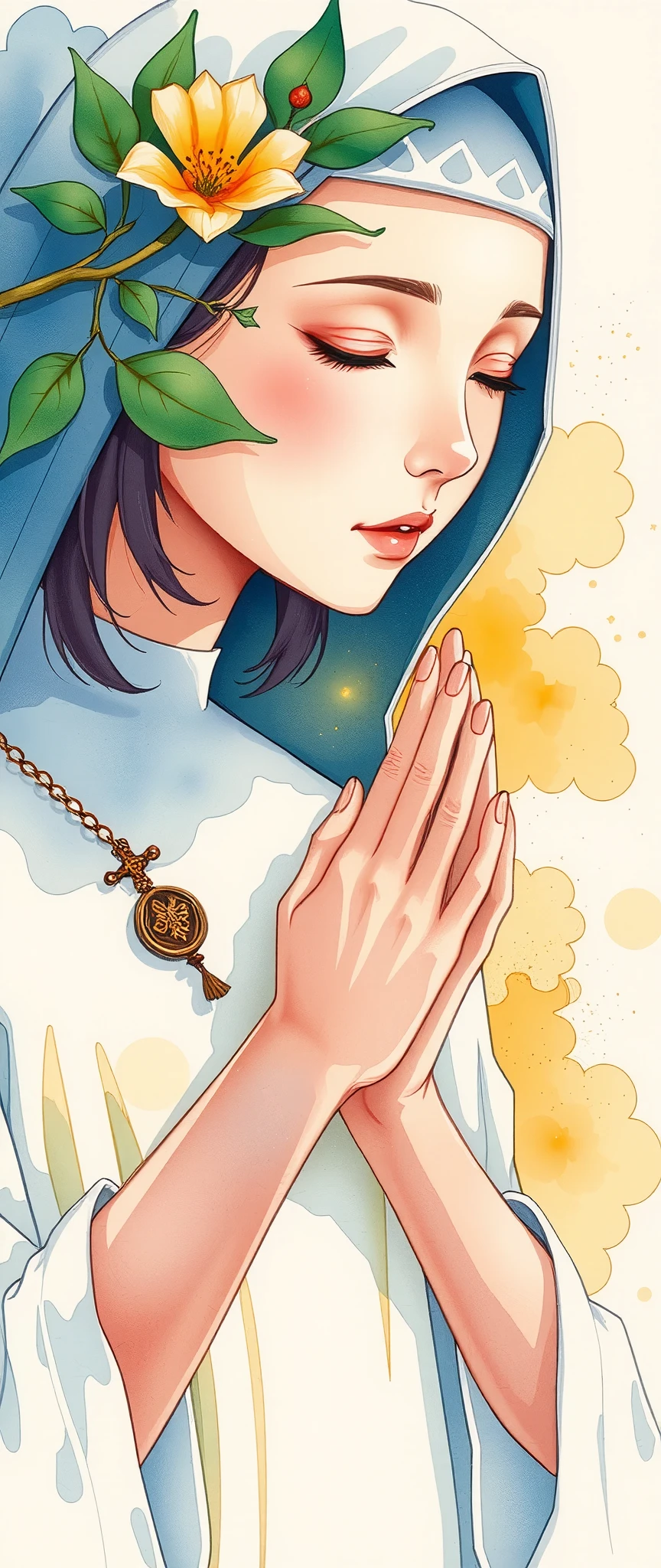 praying nun ,Watercolor,Bleeding,Blur,Shading, dynamic,(gentle prayer:2.0),(Gentle expression:2.0),Soft touch,(The background is a warm prayer light:2.0)