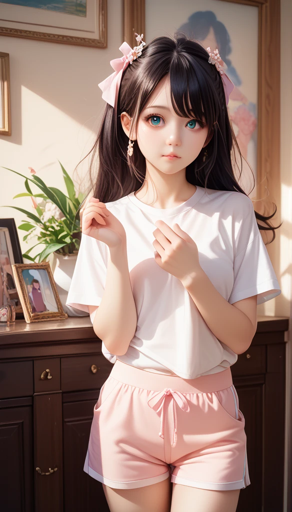 (8K, RAW photo,  best quality , masterpiece:1.3),(True,photo:1.37),( dark hair),posture,1 Girl,Very pretty face, cute,(Small),(Put your hands down))),Fashionable Hairstyle,Random Expression,(White T-shirt),JK_style,(Sports shorts) , dark hair,(Age 19),modest,Five fingers,Normal hand,Small Mouth, Straight Hair 