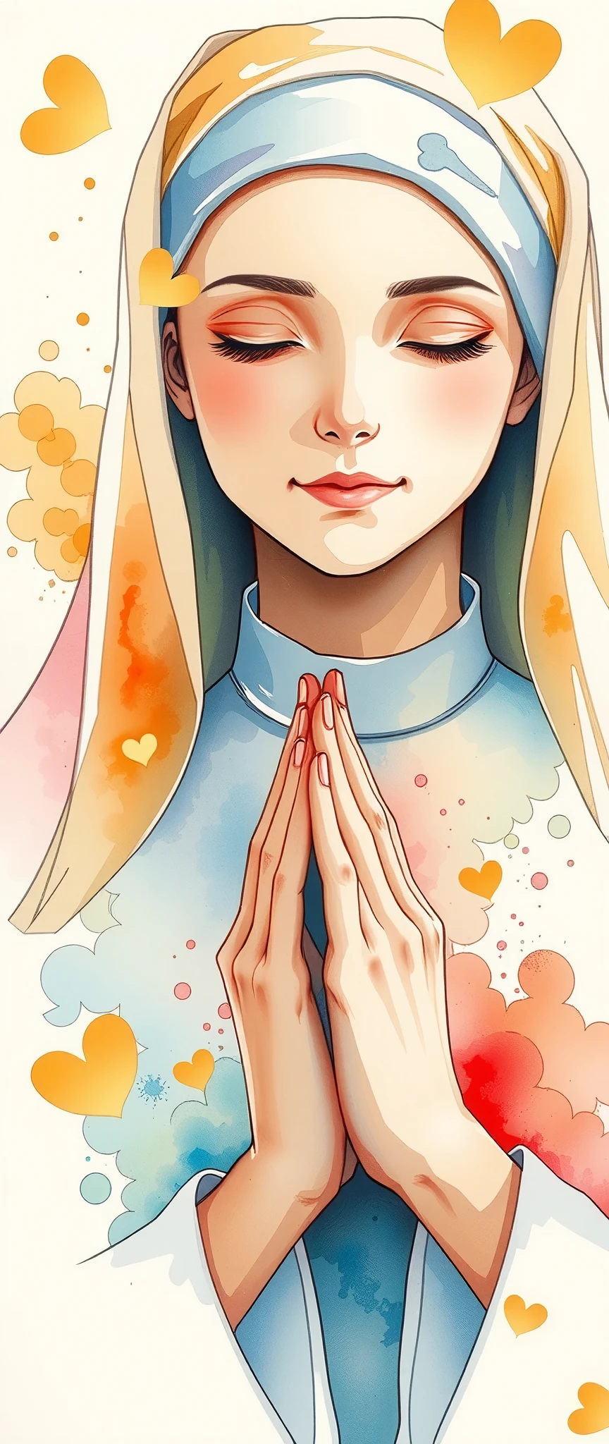 praying nun ,Watercolor,Bleeding,Blur,Shading, dynamic,(gentle prayer:2.0),(Gentle expression:2.0),Soft touch,(The background is a warm prayer light:2.0)