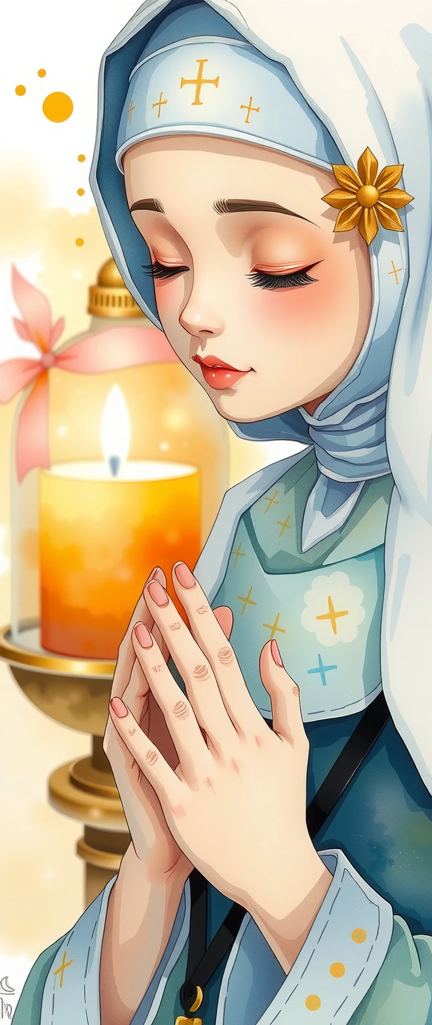 praying nun ,Watercolor,Bleeding,Blur,Shading, dynamic,(gentle prayer:2.0),(Gentle expression:2.0),Soft touch,(The background is a warm prayer light:2.0)