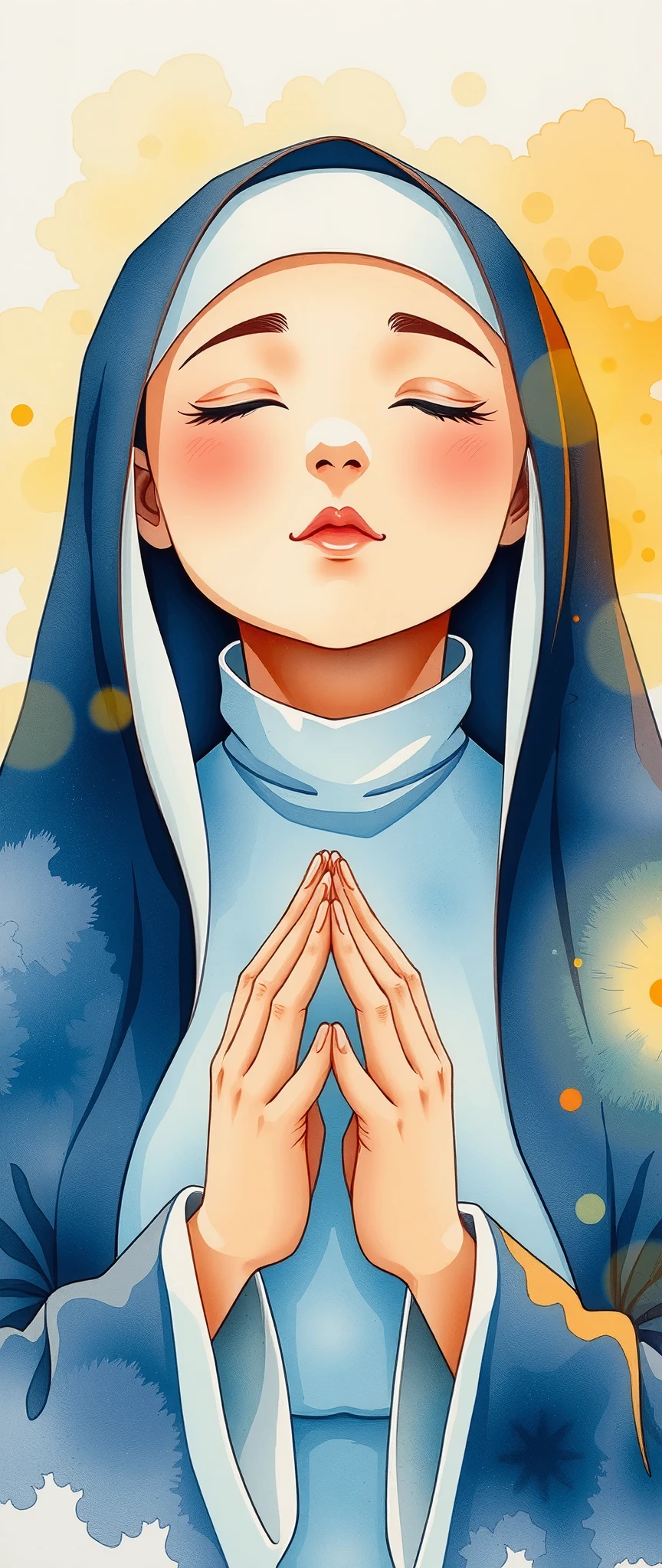 Praying Nun,Watercolor,Bleeding,Blur,Shading, dynamic,(gentle prayer:2.0),(Gentle expression:2.0),Soft touch,(The background is a warm prayer light:2.0)