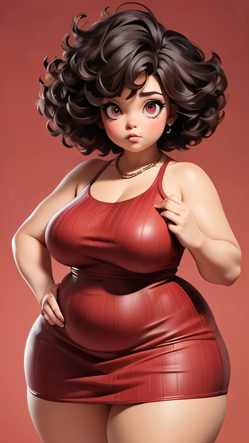 Aunt, cropped hair, short hair, pink eyes, well-built, voluminous, plump, paradigm, plump, thick, knees bent, red background, realistic illustration, manga style, red ribbed dress