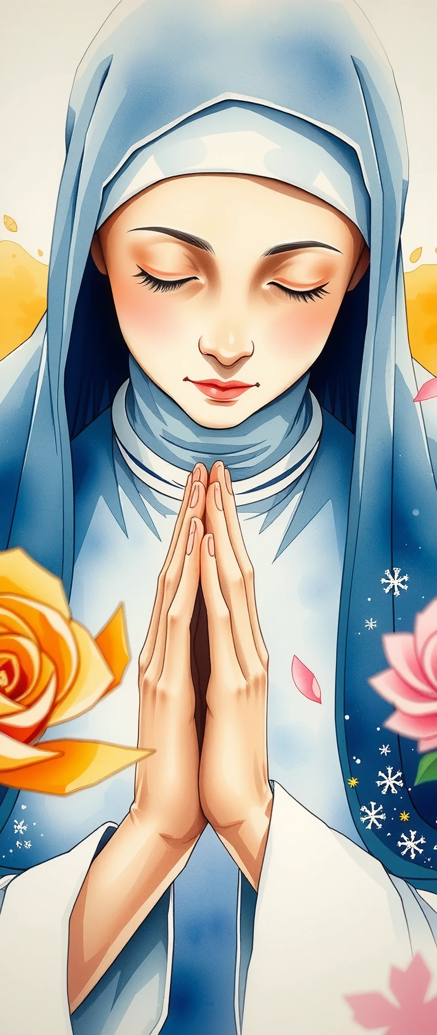 Praying Nun,Watercolor,Bleeding,Blur,Shading, dynamic,(gentle prayer:2.0),(Gentle expression:2.0),Soft touch,(The background is a warm prayer light:2.0)