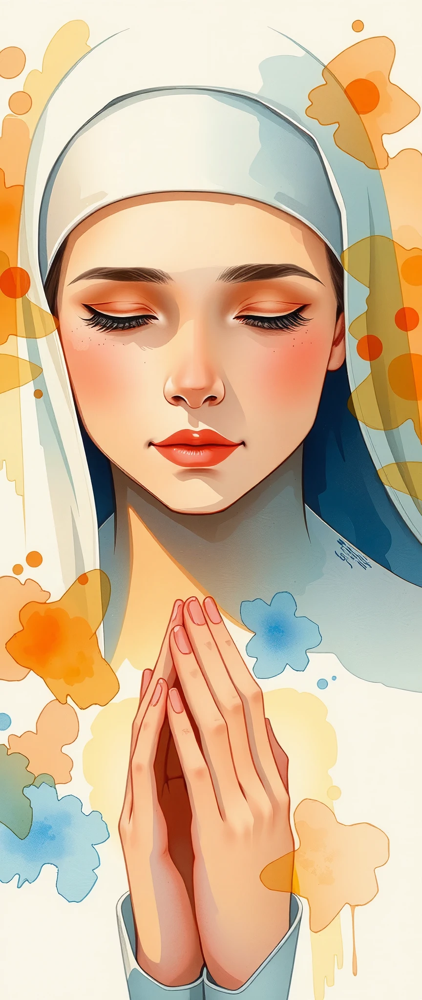 praying nun ,Watercolor,Bleeding,Blur,Shading, dynamic,(gentle prayer:2.0),(Gentle expression:2.0),Soft touch,(The background is a warm prayer light:2.0)