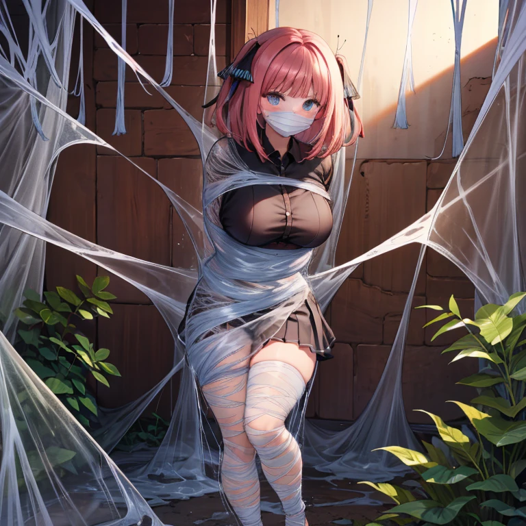 The Girl Wrapped in Spider's Web, Cover your mouth with a cloth, A Screen Full of Threads, school uniform, pink hair, iron pipe, prison, iron bars, padlock